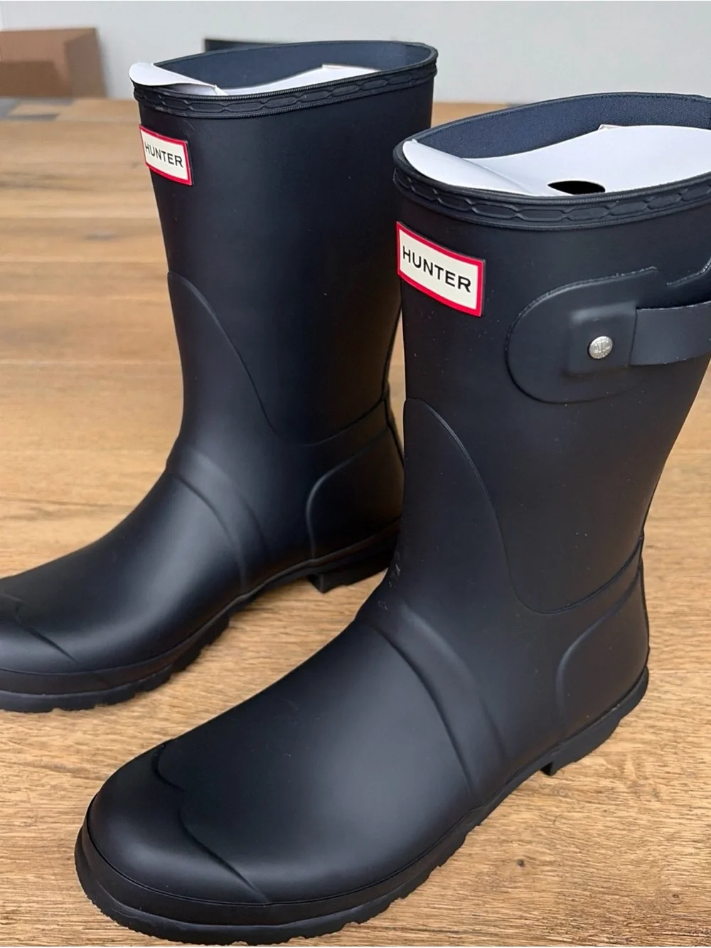 Hunter Short Matte Black Rain Boots with Red Logo Trim